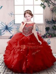 Perfect Red Organza Zipper Child Pageant Dress Sleeveless Floor Length Beading and Ruffles