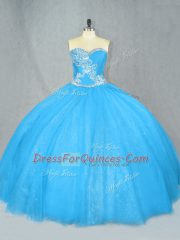 Best Selling Floor Length Blue Vestidos de Quinceanera Tulle Sleeveless Beading