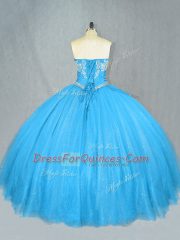 Best Selling Floor Length Blue Vestidos de Quinceanera Tulle Sleeveless Beading