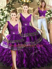 Customized Purple V-neck Backless Beading and Embroidery and Ruffles Sweet 16 Dresses Sleeveless