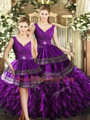 Customized Purple V-neck Backless Beading and Embroidery and Ruffles Sweet 16 Dresses Sleeveless