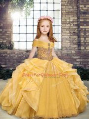 Floor Length Lace Up Girls Pageant Dresses Gold for Party and Sweet 16 and Wedding Party with Beading and Ruffles