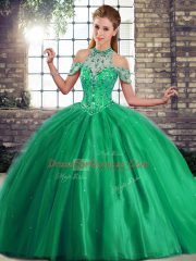 Halter Top Sleeveless Quince Ball Gowns Brush Train Beading Green Tulle