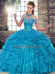 Attractive Blue Sleeveless Floor Length Beading and Ruffles Lace Up 15 Quinceanera Dress