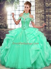 Popular Apple Green Lace Up Halter Top Beading and Ruffles Ball Gown Prom Dress Organza Sleeveless