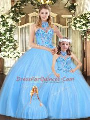 Ideal Baby Blue Ball Gowns Halter Top Sleeveless Tulle Floor Length Lace Up Embroidery Sweet 16 Dresses