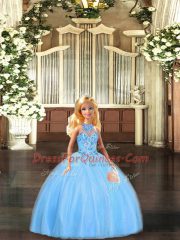Ideal Baby Blue Ball Gowns Halter Top Sleeveless Tulle Floor Length Lace Up Embroidery Sweet 16 Dresses