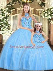 Ideal Baby Blue Ball Gowns Halter Top Sleeveless Tulle Floor Length Lace Up Embroidery Sweet 16 Dresses