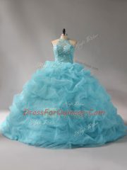 Smart Aqua Blue Lace Up 15th Birthday Dress Beading and Pick Ups Sleeveless Court Train