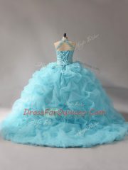 Smart Aqua Blue Lace Up 15th Birthday Dress Beading and Pick Ups Sleeveless Court Train