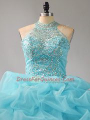 Smart Aqua Blue Lace Up 15th Birthday Dress Beading and Pick Ups Sleeveless Court Train