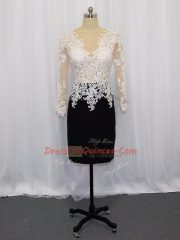 Traditional Mini Length White And Black Prom Gown Bateau Long Sleeves Zipper