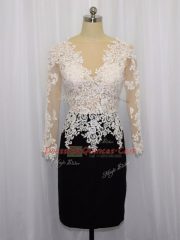 Traditional Mini Length White And Black Prom Gown Bateau Long Sleeves Zipper