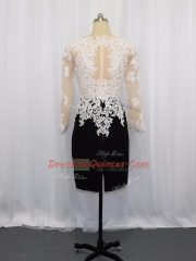 Traditional Mini Length White And Black Prom Gown Bateau Long Sleeves Zipper