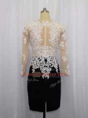 Traditional Mini Length White And Black Prom Gown Bateau Long Sleeves Zipper