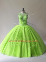High Class Tulle Sleeveless Floor Length Vestidos de Quinceanera and Beading