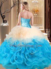 Sleeveless Floor Length Beading and Ruffles Lace Up Quince Ball Gowns with Multi-color