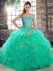 Excellent Turquoise Lace Up Sweet 16 Quinceanera Dress Beading and Ruffles Sleeveless Brush Train
