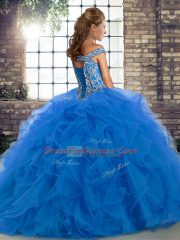 Excellent Turquoise Lace Up Sweet 16 Quinceanera Dress Beading and Ruffles Sleeveless Brush Train