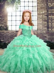 Apple Green Ball Gowns Beading and Ruffles Kids Formal Wear Lace Up Organza Sleeveless Floor Length