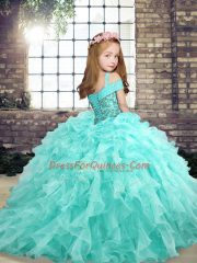 Apple Green Ball Gowns Beading and Ruffles Kids Formal Wear Lace Up Organza Sleeveless Floor Length
