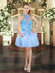 Embroidery Homecoming Dress Light Blue Lace Up Sleeveless Mini Length