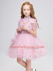 Baby Pink Ball Gowns High-neck Short Sleeves Tulle Mini Length Zipper Appliques Flower Girl Dresses for Less