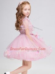 Baby Pink Ball Gowns High-neck Short Sleeves Tulle Mini Length Zipper Appliques Flower Girl Dresses for Less
