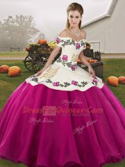 Elegant Fuchsia Ball Gowns Off The Shoulder Sleeveless Organza Floor Length Lace Up Embroidery 15th Birthday Dress
