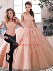 Peach Sweet 16 Dresses Off The Shoulder Sleeveless Brush Train Lace Up