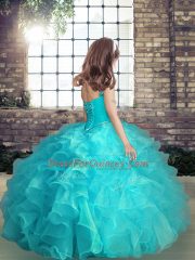 Luxurious Sleeveless Organza Floor Length Lace Up Kids Pageant Dress in Blue with Beading and Ruching