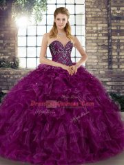 Elegant Purple Ball Gowns Sweetheart Sleeveless Organza Floor Length Lace Up Beading and Ruffles Sweet 16 Quinceanera Dress