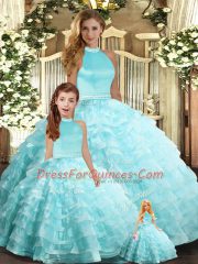 Dramatic Aqua Blue Sleeveless Organza Backless Quinceanera Dress for Sweet 16 and Quinceanera