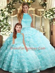 Dramatic Aqua Blue Sleeveless Organza Backless Quinceanera Dress for Sweet 16 and Quinceanera