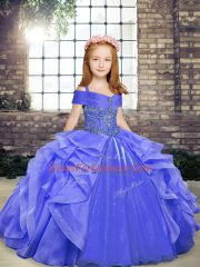 Blue Sleeveless Floor Length Beading and Ruffles Lace Up Pageant Gowns For Girls