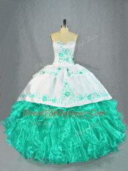 Adorable Turquoise Ball Gowns Sweetheart Sleeveless Organza Floor Length Lace Up Embroidery and Ruffles Quinceanera Gowns