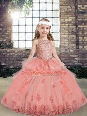 Unique Watermelon Red Lace Up Child Pageant Dress Beading and Appliques Sleeveless Floor Length