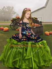 Olive Green Ball Gowns Embroidery and Ruffles Little Girls Pageant Gowns Lace Up Organza Sleeveless Floor Length