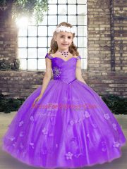 Excellent Lavender Sleeveless Beading and Hand Made Flower Lace Up Kids Formal Wear