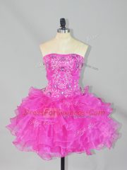 Luxury Mini Length Fuchsia Prom Party Dress Organza Sleeveless Beading and Ruffles