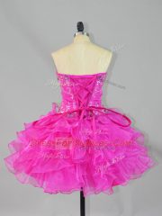 Luxury Mini Length Fuchsia Prom Party Dress Organza Sleeveless Beading and Ruffles