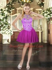 Shining Mini Length Ball Gowns Sleeveless Fuchsia Evening Dress Lace Up