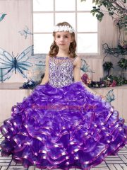 Custom Made Lavender Organza Lace Up Child Pageant Dress Sleeveless Floor Length Beading and Ruffles