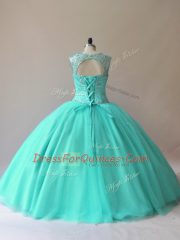 Custom Made Aqua Blue Ball Gowns Beading Quince Ball Gowns Lace Up Tulle Sleeveless Floor Length