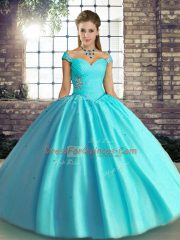 Ball Gowns 15th Birthday Dress Aqua Blue Off The Shoulder Tulle Sleeveless Floor Length Lace Up