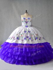 Custom Made Sleeveless Organza Floor Length Lace Up Quinceanera Dresses in Blue And White with Embroidery and Ruffled Layers