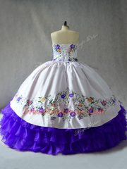 Custom Made Sleeveless Organza Floor Length Lace Up Quinceanera Dresses in Blue And White with Embroidery and Ruffled Layers