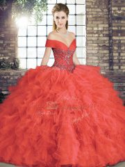 Exquisite Floor Length Lace Up Vestidos de Quinceanera Coral Red for Military Ball and Sweet 16 and Quinceanera with Beading and Ruffles
