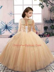 Latest Lilac Ball Gowns Scoop Sleeveless Tulle Floor Length Lace Up Beading Child Pageant Dress