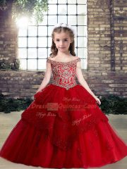 Red Sleeveless Floor Length Lace and Appliques Lace Up Little Girls Pageant Dress Wholesale
